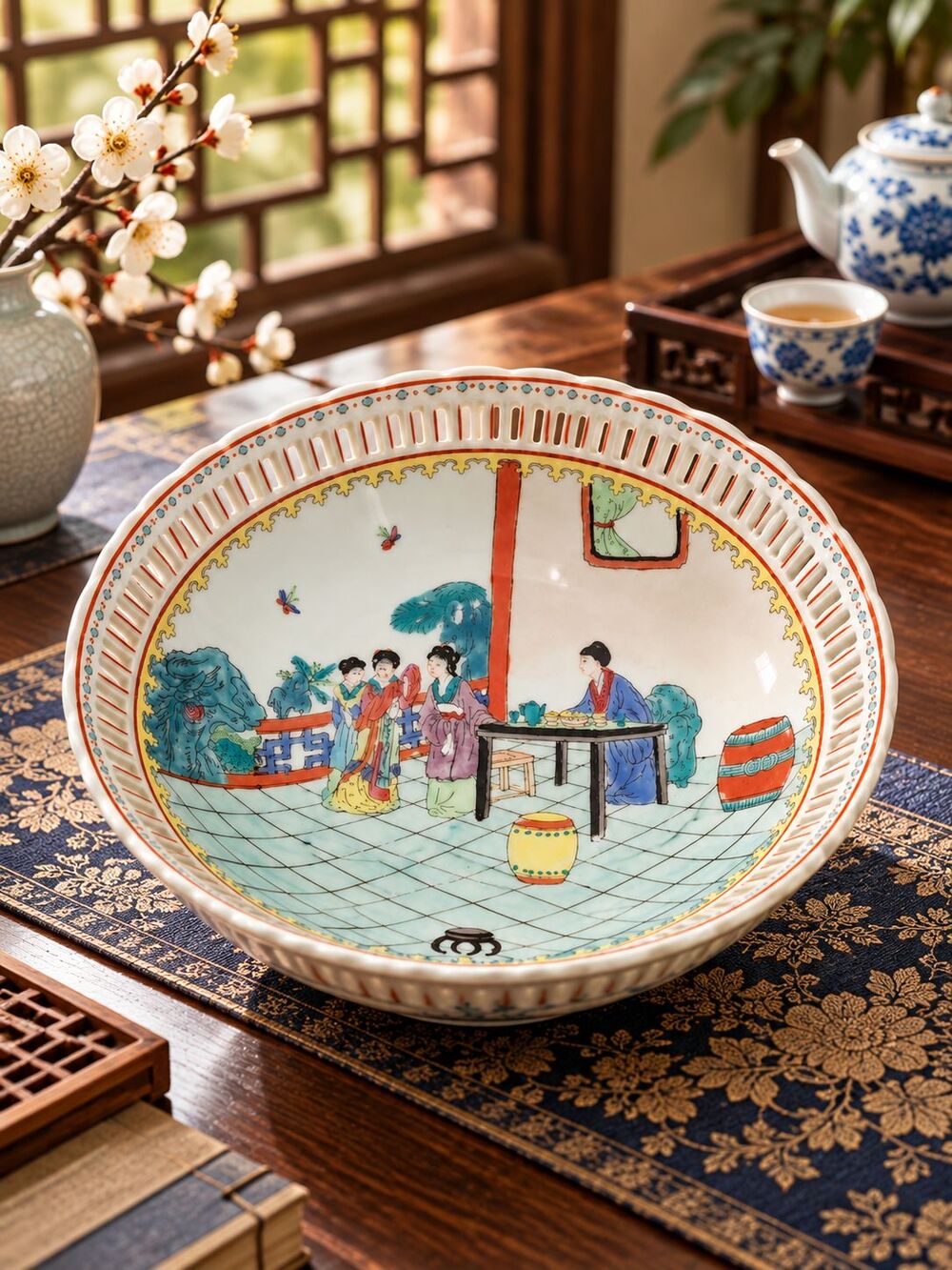 Vintage Chinese Porcelain Reticulated Bowl Hand Painted Figural 9" Famille Rose